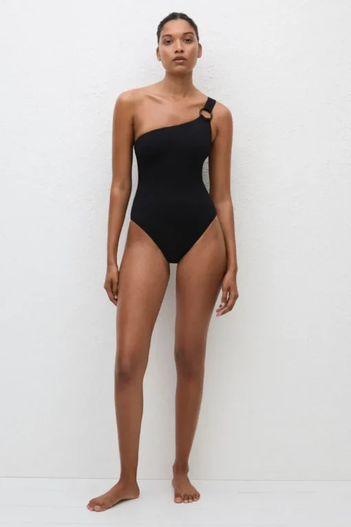 Asymmetric Ring Maillot Black Crinkle