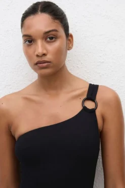 Asymmetric Ring Maillot Black Crinkle